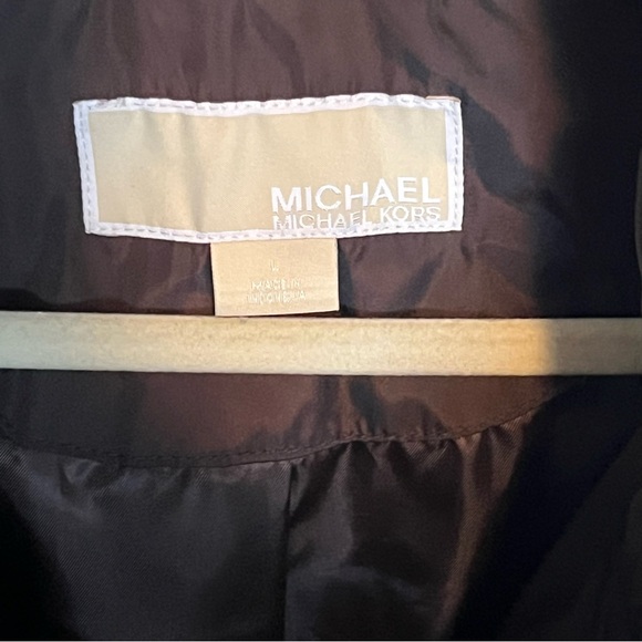 Michael Kors Brown Long Puffer Coat Belted Gold Logo Accents Women's Size L - Picture 8 of 11